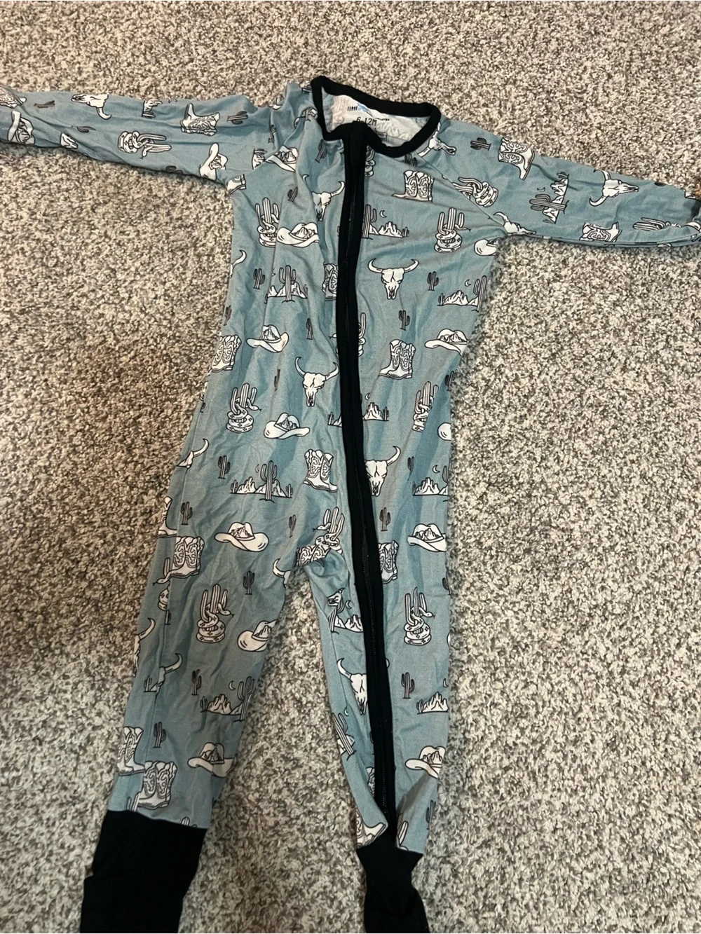 Children's Blue Western Print One-Piece Pajamas with Black Trim